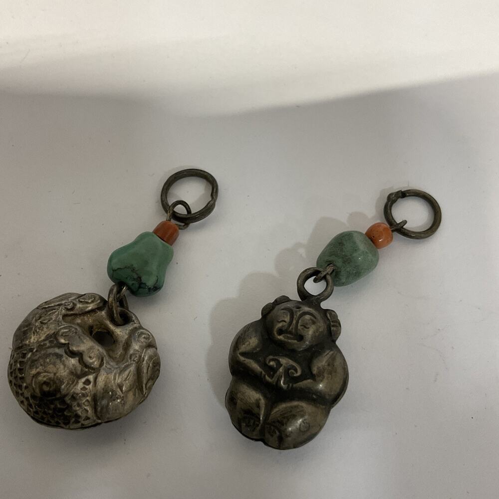 2 Antique Chinese Silver Charm/Pendants/With Turquoise & Coral Adornments - Picture 3 of 3